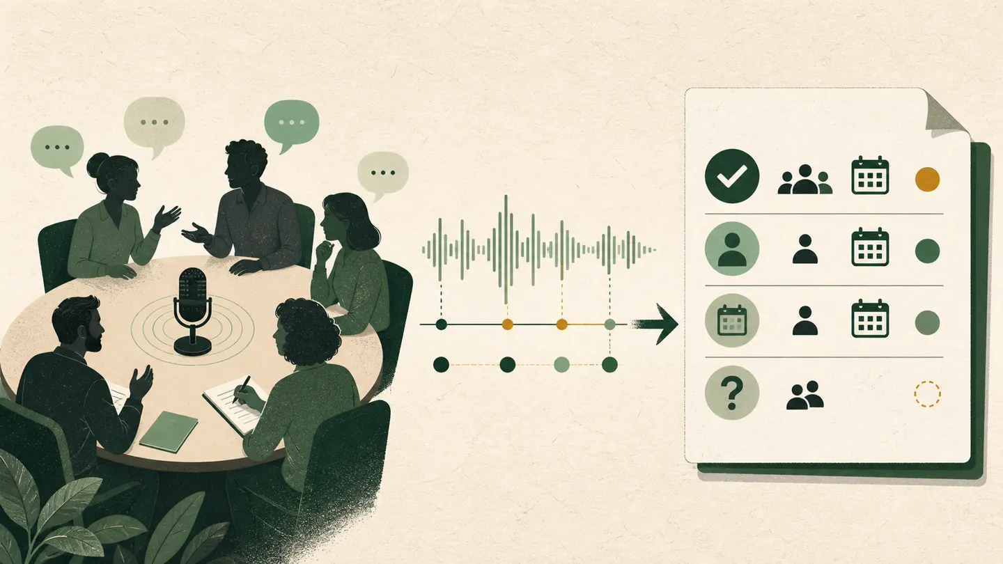 Ilustração de participantes ao redor de uma mesa, uma onda sonora com tempos e um documento preparado para revisão