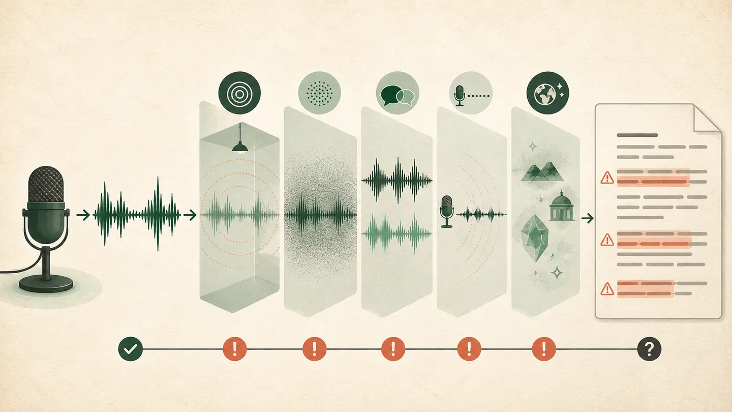 Ilustração de uma onda sonora com ruído passando por pontos de diagnóstico antes de chegar ao texto revisado