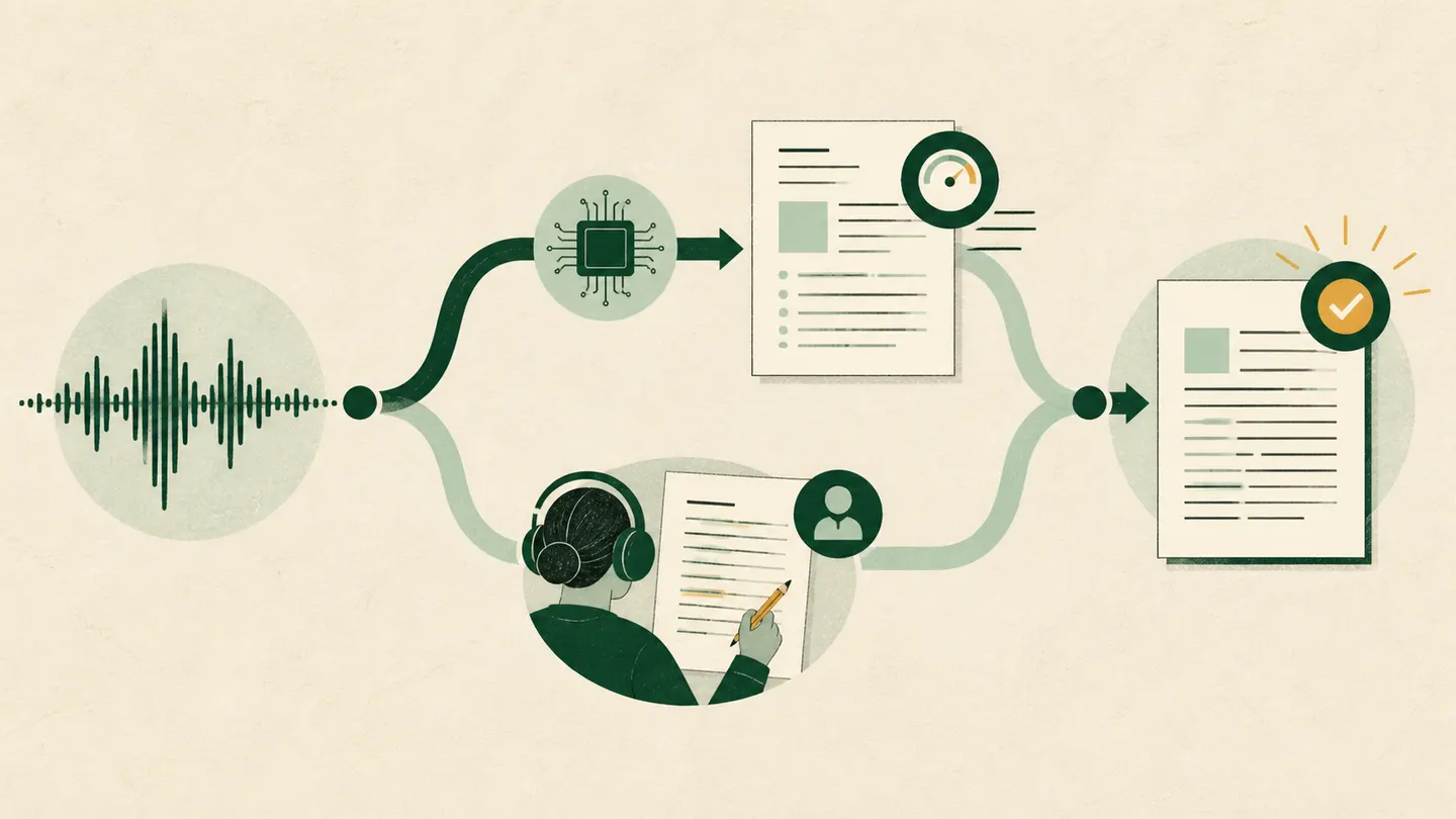 Ilustração de uma onda sonora dividida entre processamento automático e revisão humana antes de formar um documento conferido