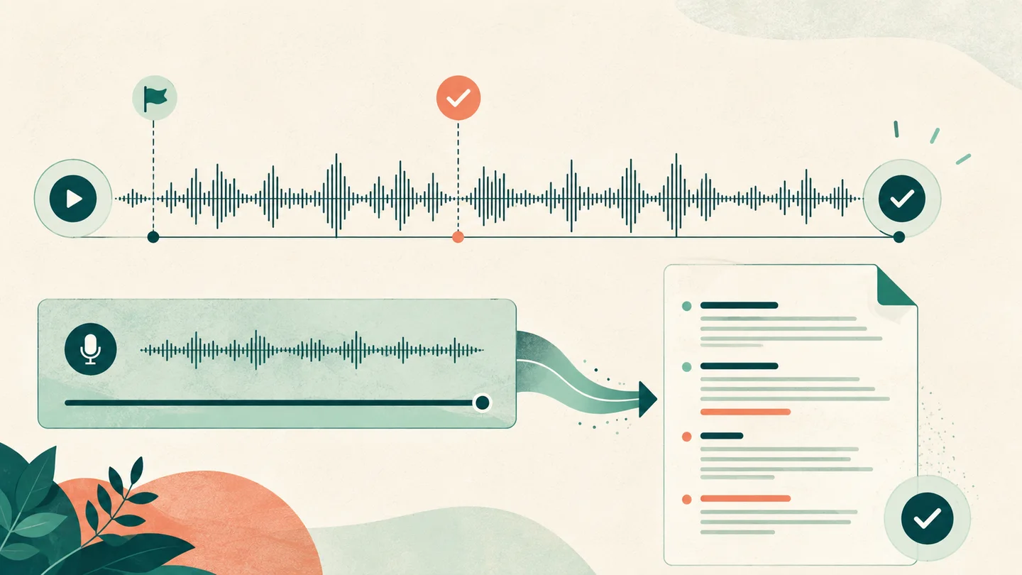 Ilustração de uma onda sonora longa verificada do começo ao fim antes de virar um documento de texto
