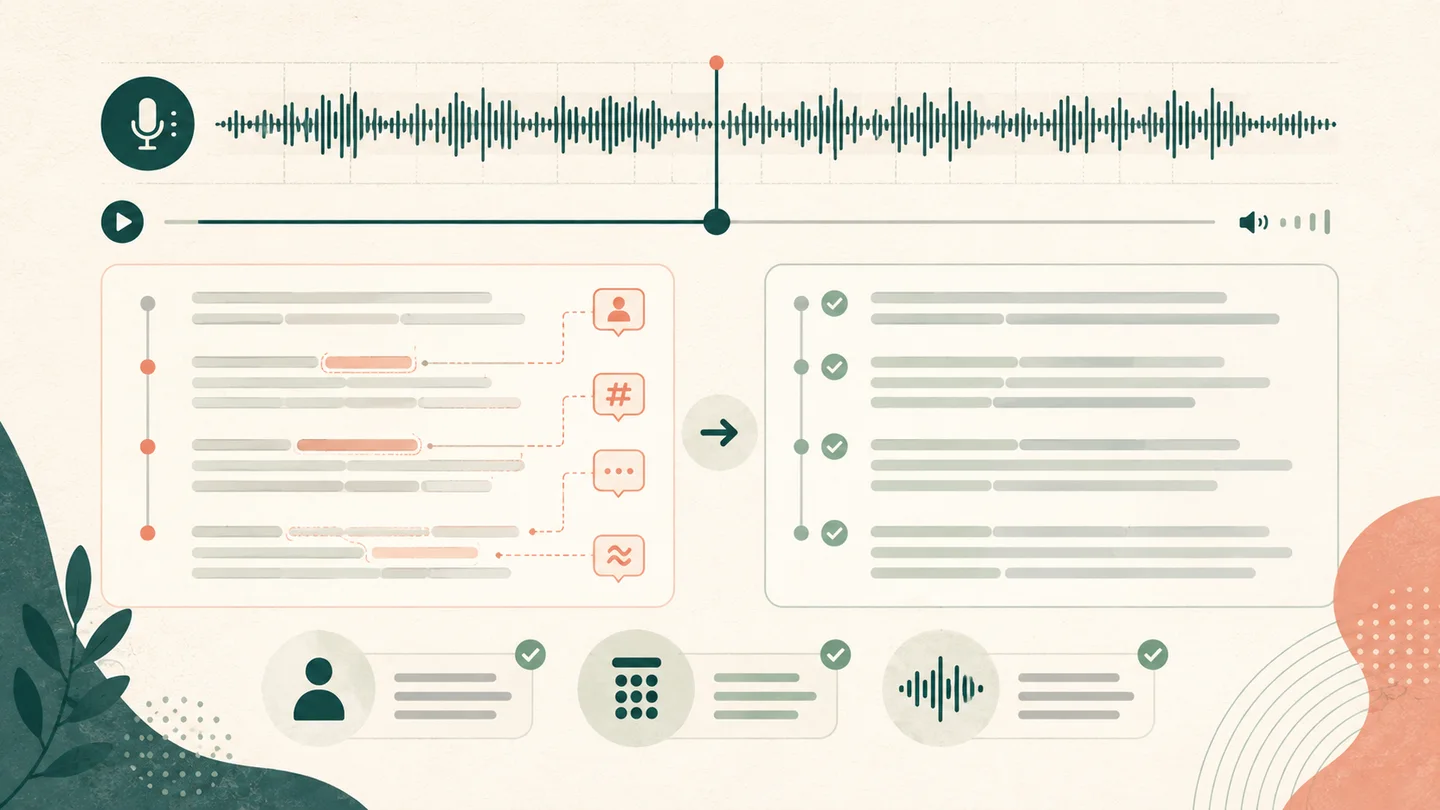 Ilustração de uma onda sonora alinhada a trechos de texto marcados para conferência e correção