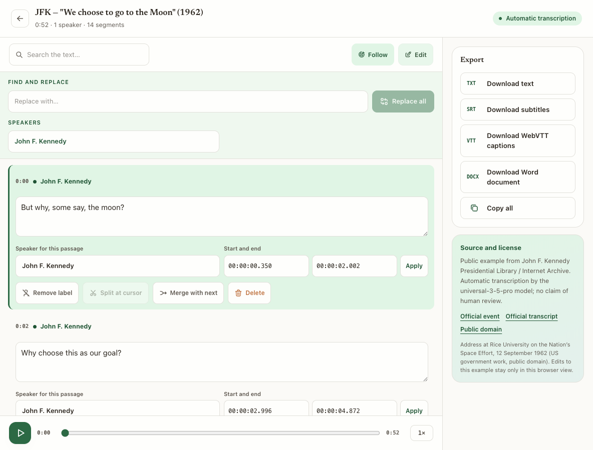Transcrever transcript editor in English with timed passages and playback and review controls