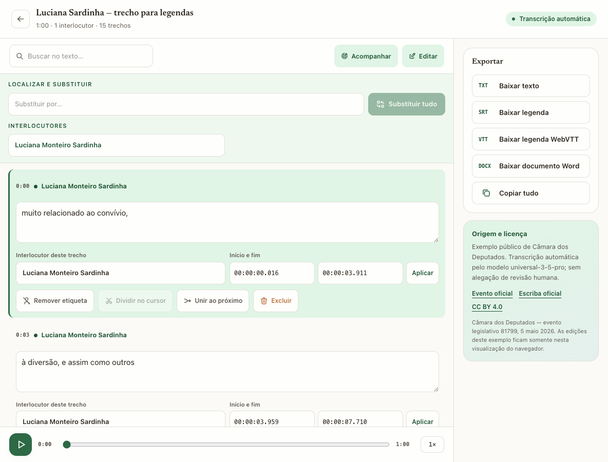 Editor do Transcrever em português com trechos temporizados e controles de reprodução e revisão