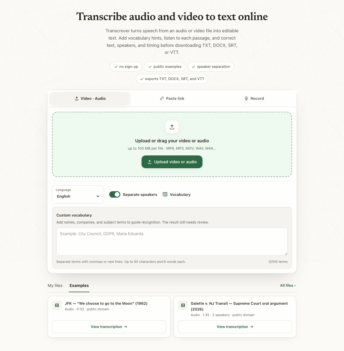 Transcrever upload workbench in English with the file picker, spoken-language selector, and speaker separation
