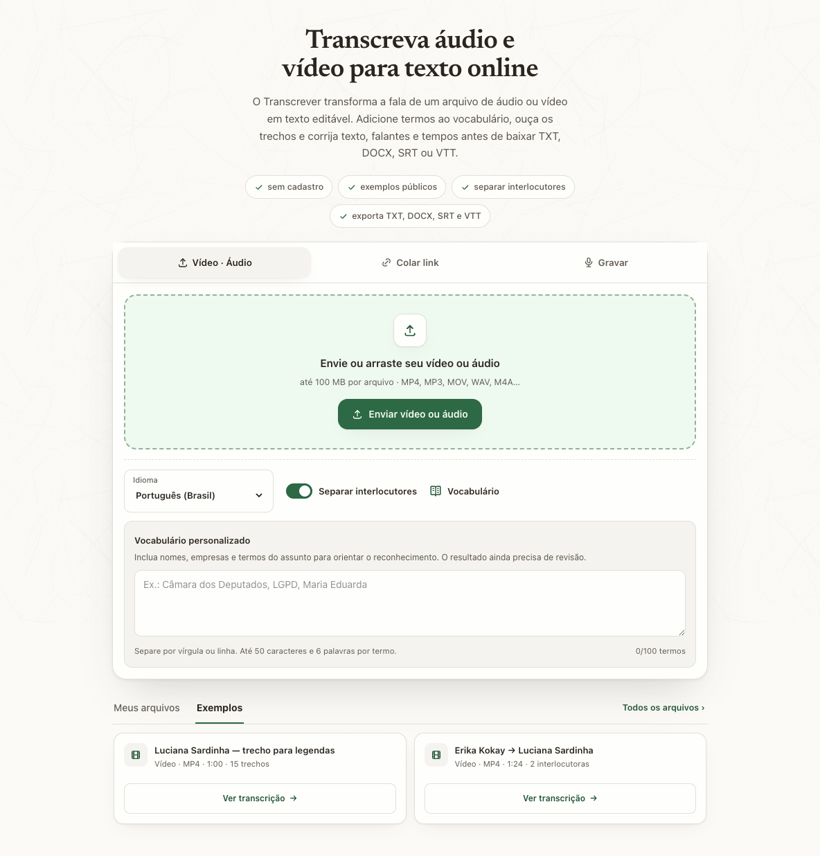 Área de envio do Transcrever com escolha de arquivo, idioma da gravação e separação de interlocutores